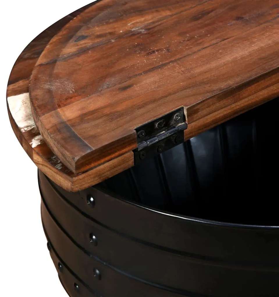 Mesa centro madeira reciclada maciça preta em forma de barril
