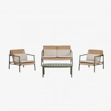 Conjunto De Jardim Com Sofá De 2 Lugares, 2 Poltronas E Mesa De Centro Em Alumínio E Rattan Sintético Duroli Verde Azeitona Intenso - Sklum