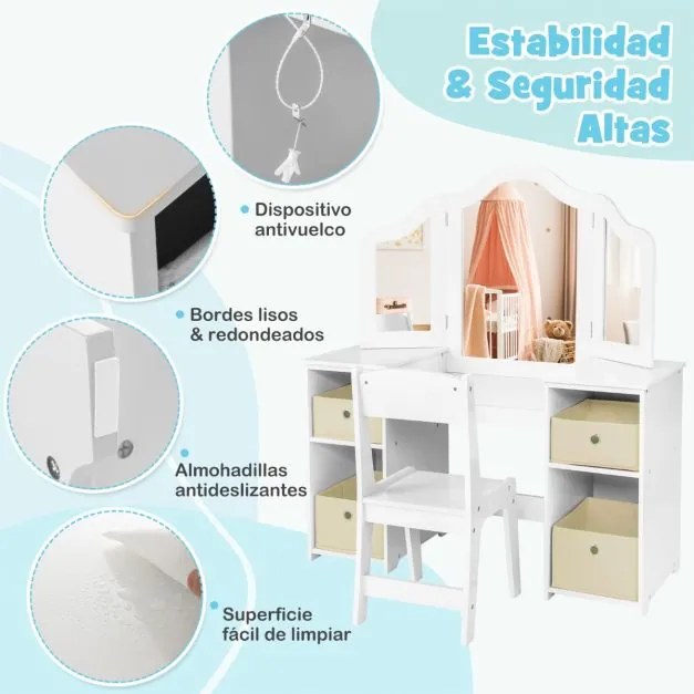 Conjunto de 2 em 1 Toucador e Cadeira de Maquilhagem 104 x 40 x 117 cm para Crianças 3+ Anos com 3 Espelhos Amovíveis 4 caixas armazemento Branco