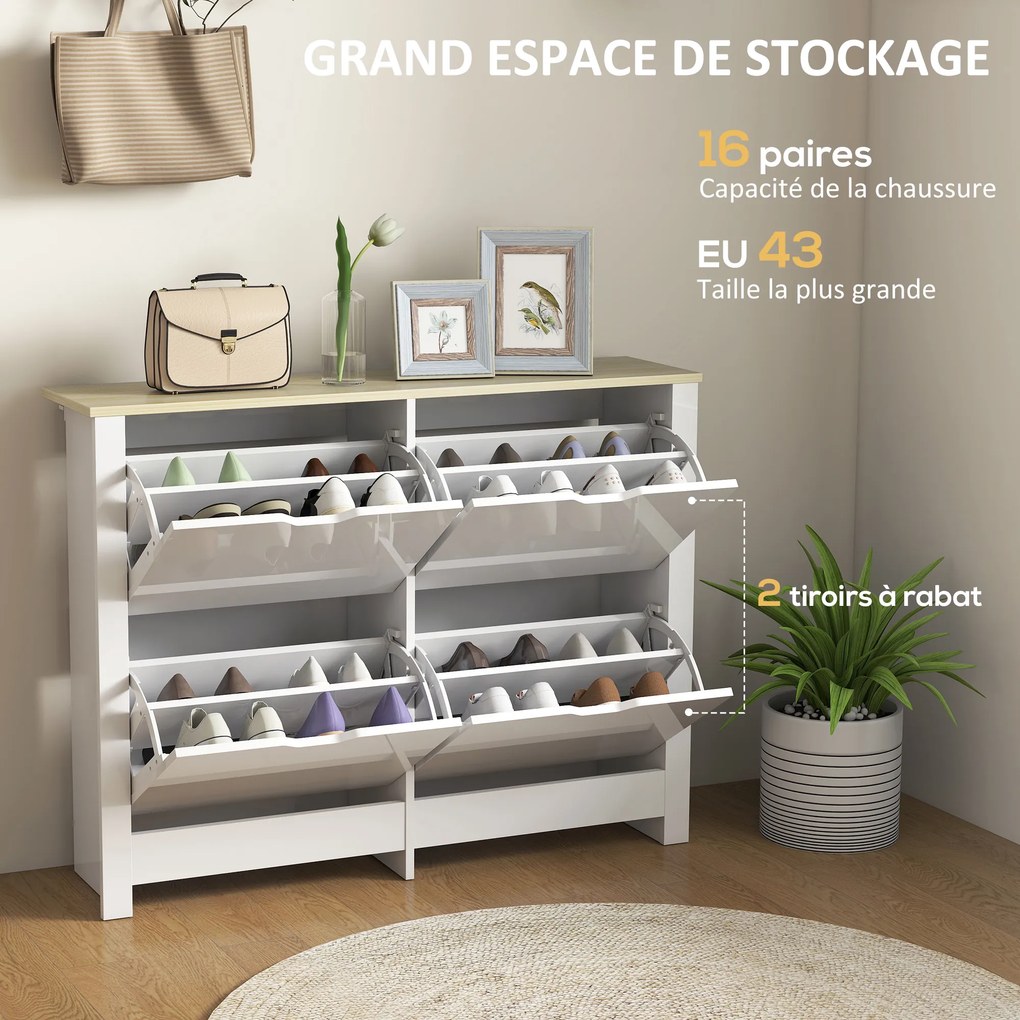Sapateira com capacidade para 16 pares 105 x 26 x 80 cm, armário estreito com 4 gavetas rebatíveis e prateleiras ajustáveis, estilo moderno, para corr