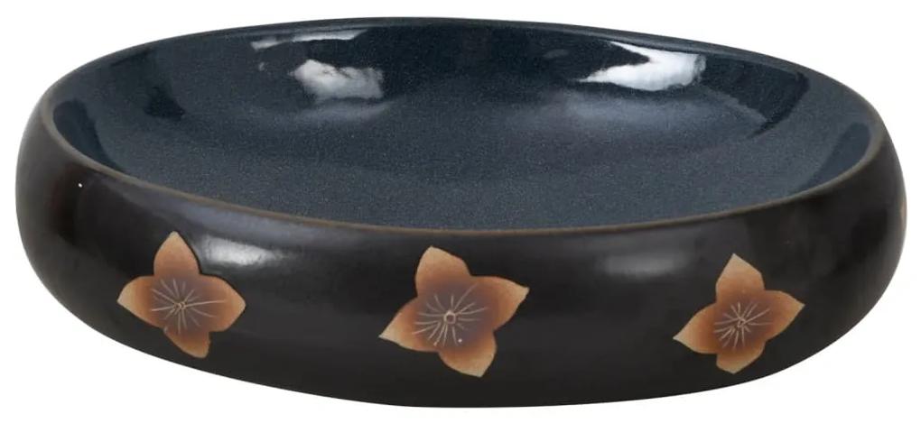 Lavatório de bancada oval 59x40x15 cm cerâmica preto e azul