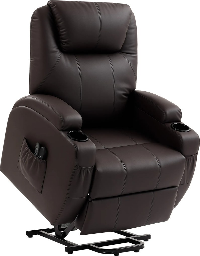 HOMCOM Poltrona para levantar, poltrona relax com ajuda para levantar, inclui controle remoto, porta-copos, encosto ajustável, castanho | Aosom Portugal
