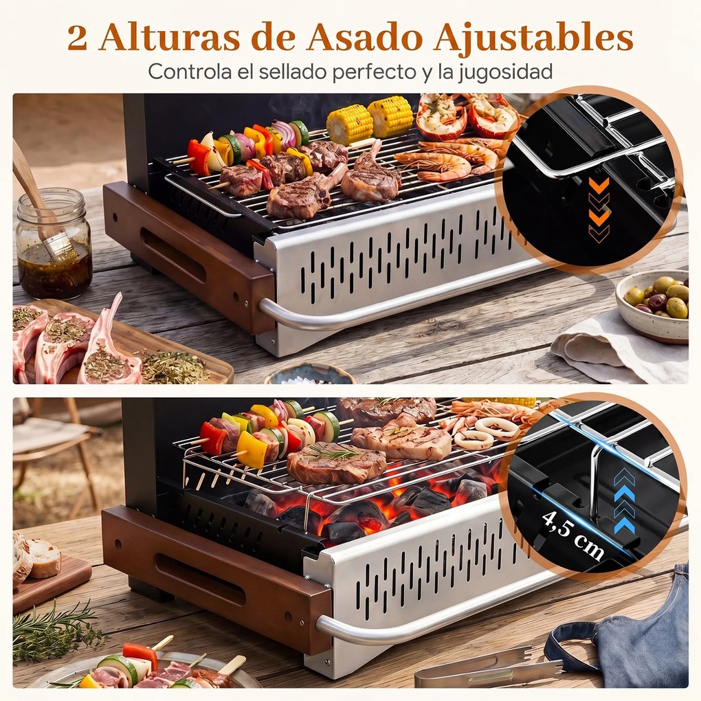 Grelhador a Carvão de Mesa Dobrável, 62 x 43,5 x 41,5 cm, Grelha Ajustável, Preto