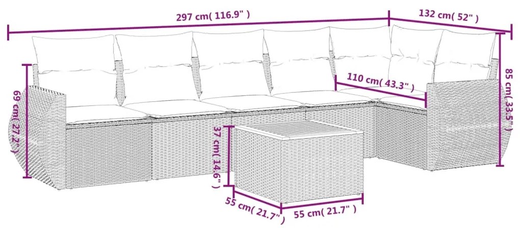 7 pcs conjunto de sofás p/ jardim com almofadões vime PE bege