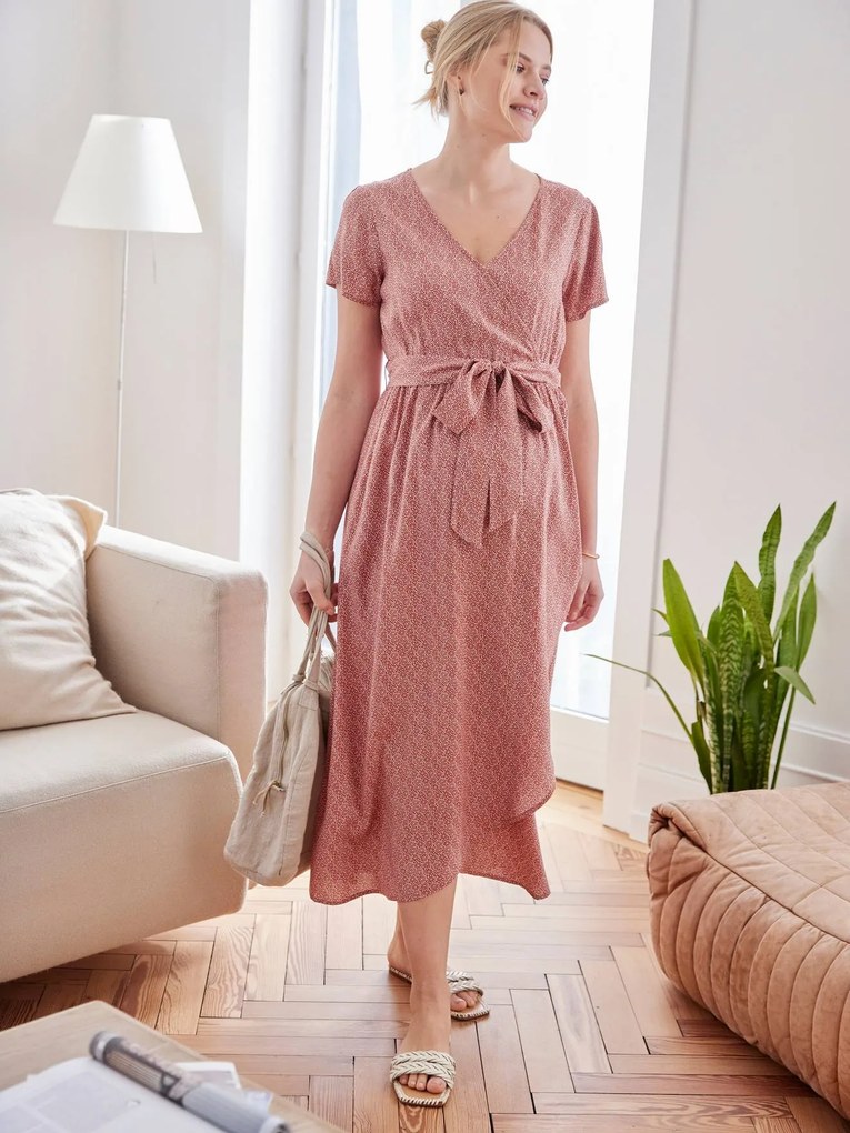 Vestido estampado às flores, com cordão na cintura, para grávida terracota