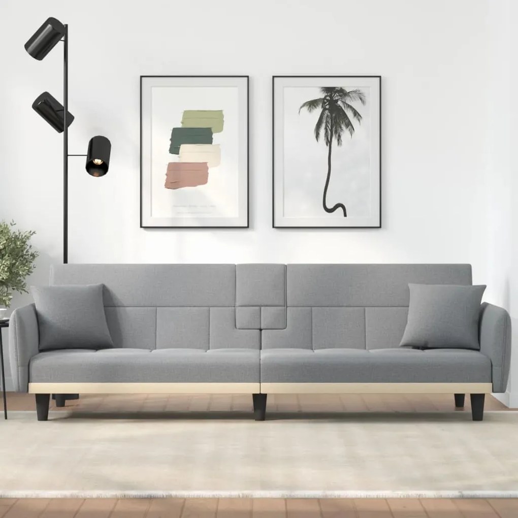 351869 vidaXL Sofá-cama com suportes para copos tecido cinzento-claro