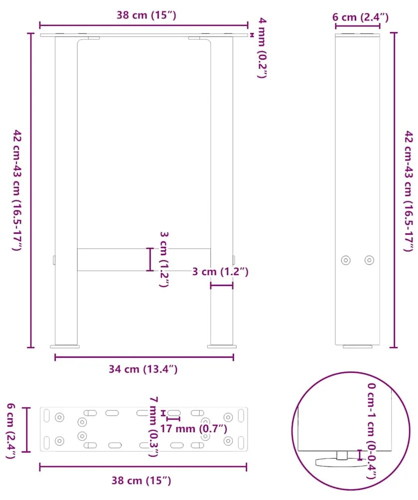 Pés para mesa de centro em aço natural, 2 peças, 38x(42-43) cm, aço
