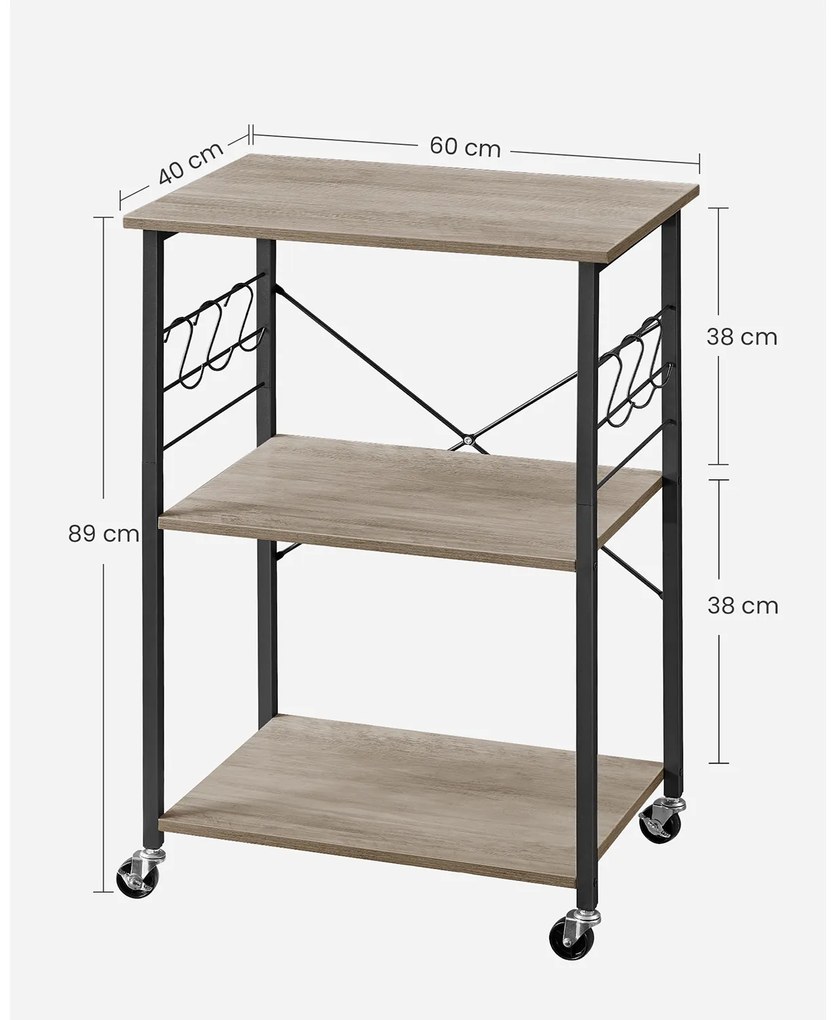 Carrinho de cozinha com Rodas com 3 níveis 40 x 60 x 89 cm Greige-preto