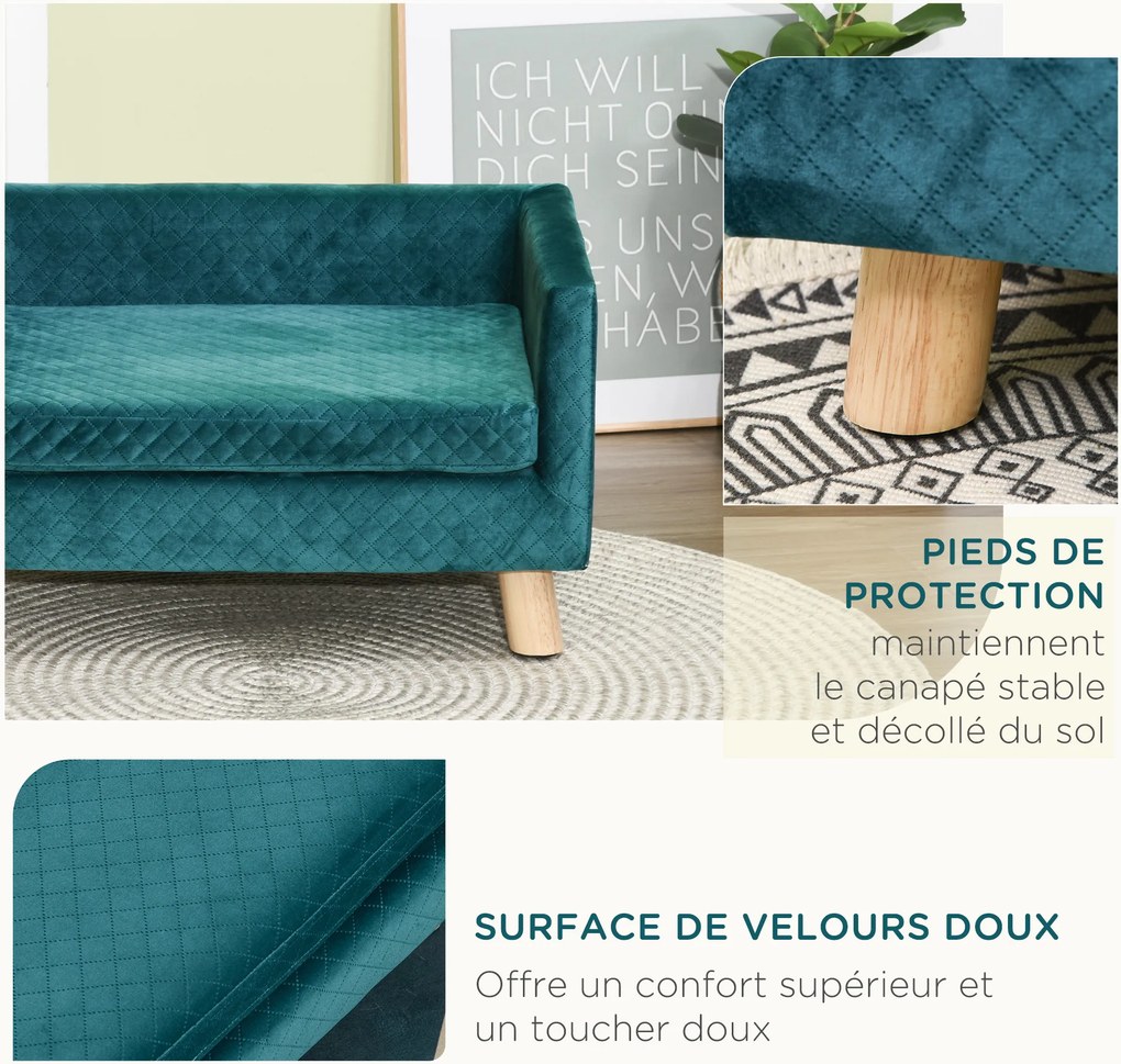 Sofá-cama para cães com design escandinavo, almofada macia e pés em madeira maciça; dimensões: 64 x 45 x 36 cm; veludo azul-pato