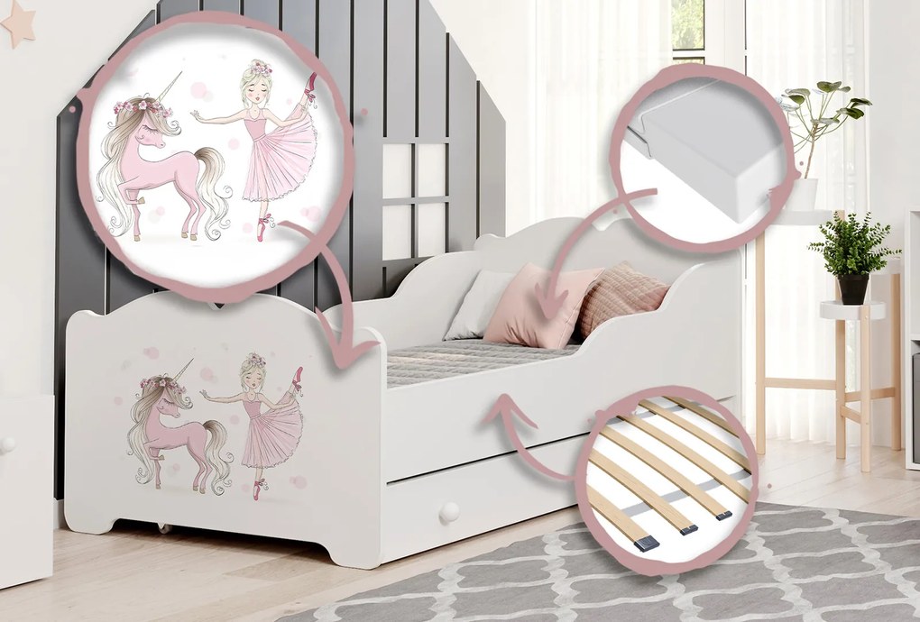Cama infantil ANNA branca com gaveta 160x80 - princesa e unicórnio - colchão e estrado incluído