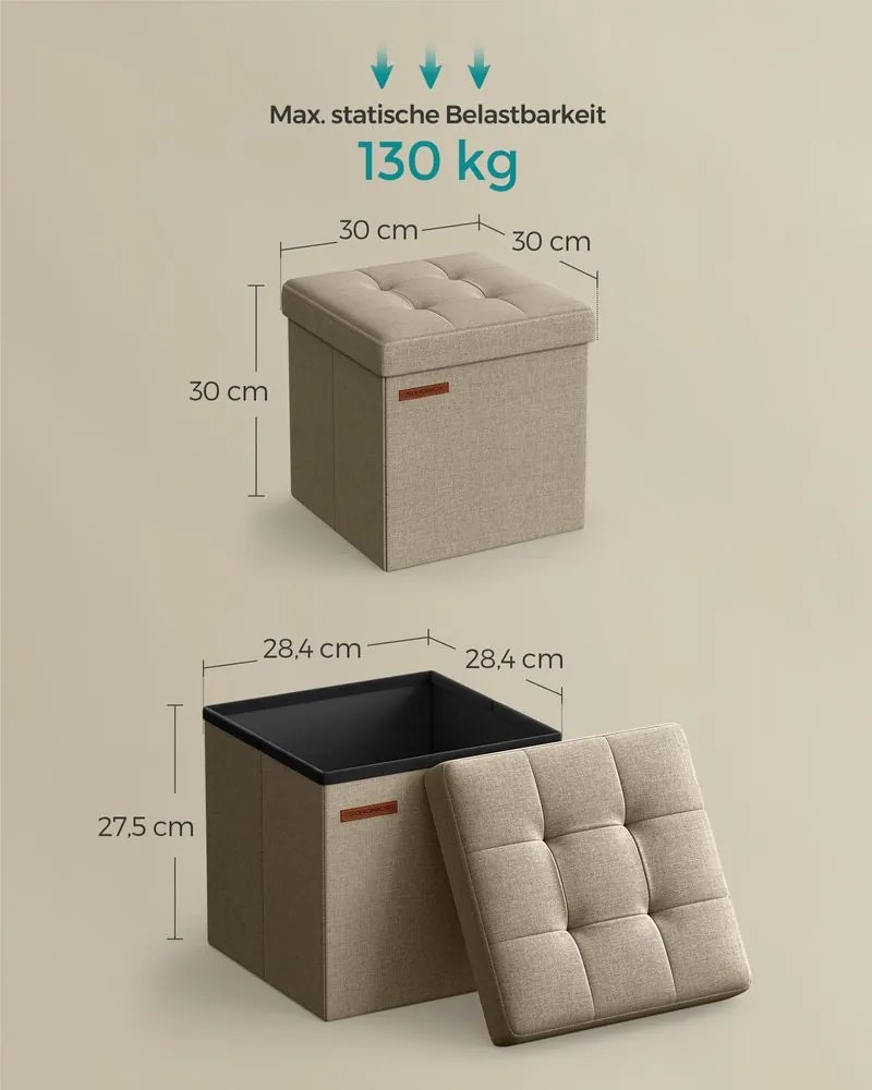 Banco quadrado dobrável com espaço de arrumação 30 x 30 cm Castanho Camelo