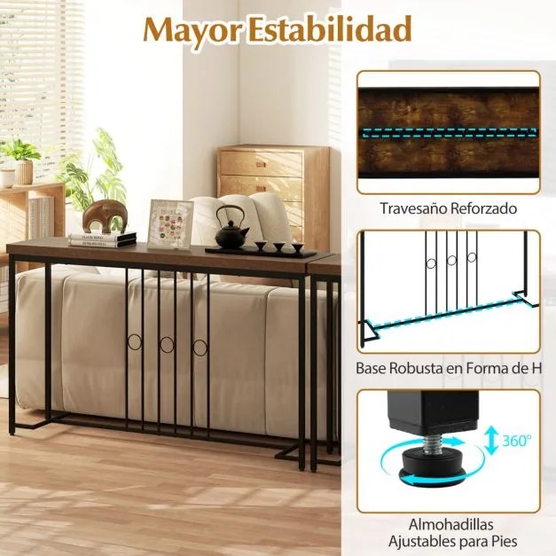 Mesa Consola 140 x 30 x 81 cm Industrial Base H e Tampo para Entrada, hall Castanho Rústico e Preto