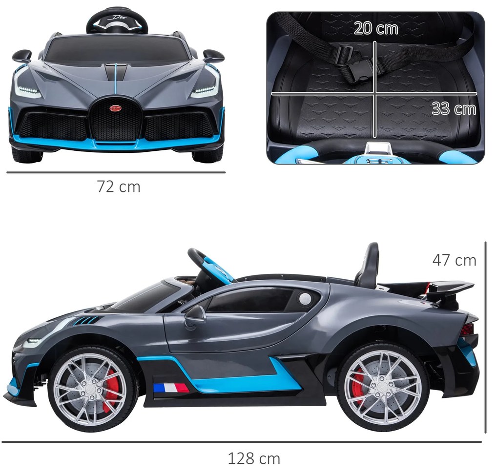 Carro Elétrico Infantil Bugatti Divo para Crianças de 3-6 Anos Carro a Bateria 12V com 2 Motores Controlo Remoto Faróis LED Buzina Música USB MP3 e Ve