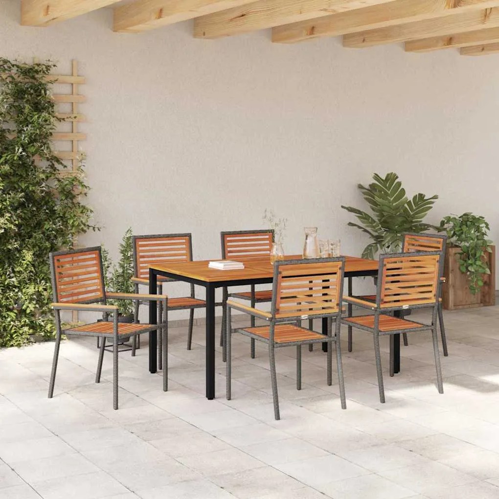 Conjunto de Jantar de Jardim vidaXL 7 Peças Cinza Poli Rattan Acácia