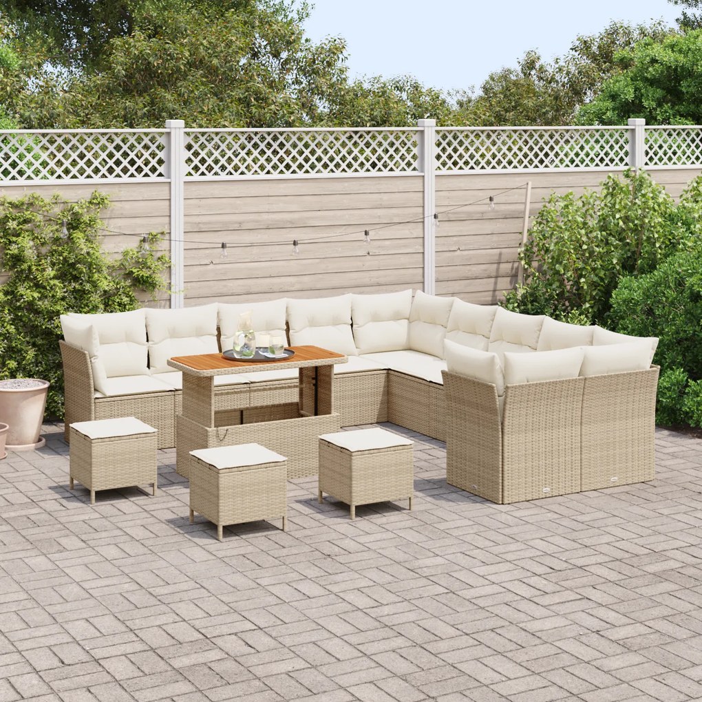 Conjunto de Sofá de Jardim vidaXL 14 Peças com Almofadas Bege Poly Rat