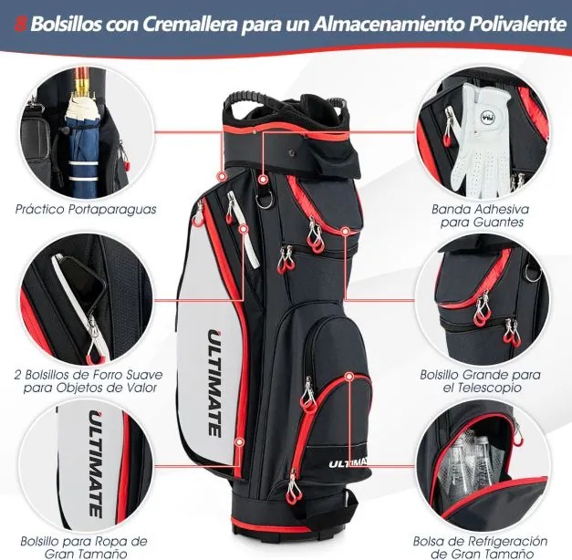 Saco de golfe leve de grande capacidade com 14 divisórias, 8 bolsos, capa para chuva e bolsa térmica para bebidas, 39 x 25 x 128 cm, Preto