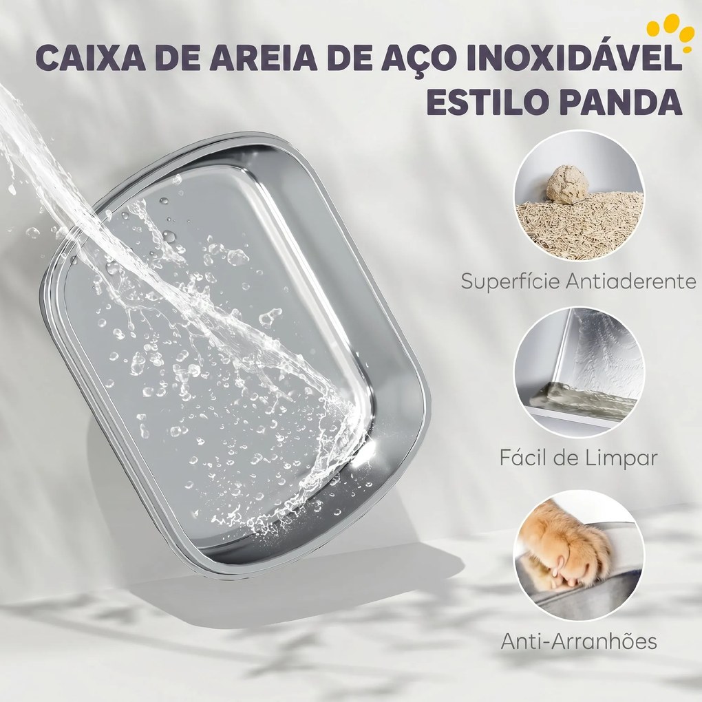 Caixa de Areia para Gatos Grandes XL em Aço Inoxidável com Tampa Rebatível, Pá e Desodorizante, Panda, Preto