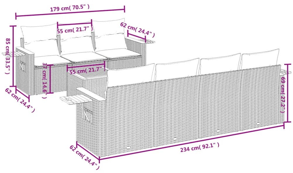 8 pcs conjunto sofás de jardim c/ almofadões vime PE cinzento