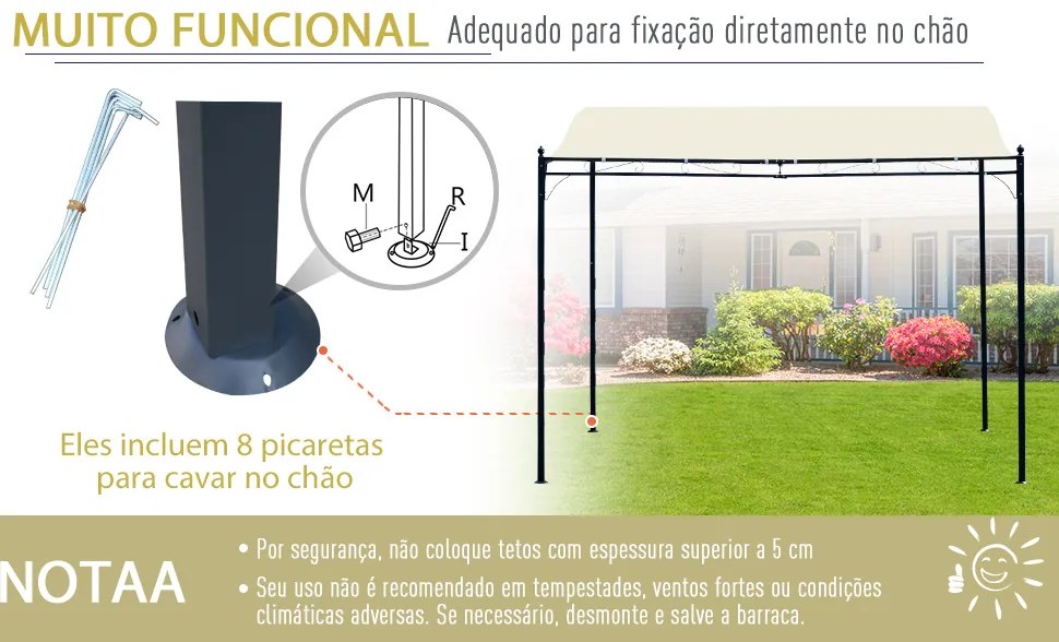 Toldo de Parede Curvo para Jardim, Pátio ou Varanda Pavilhão Tenda – Cor Creme - Aço e Poliéster – 3 x 3 x 2,5 cm
