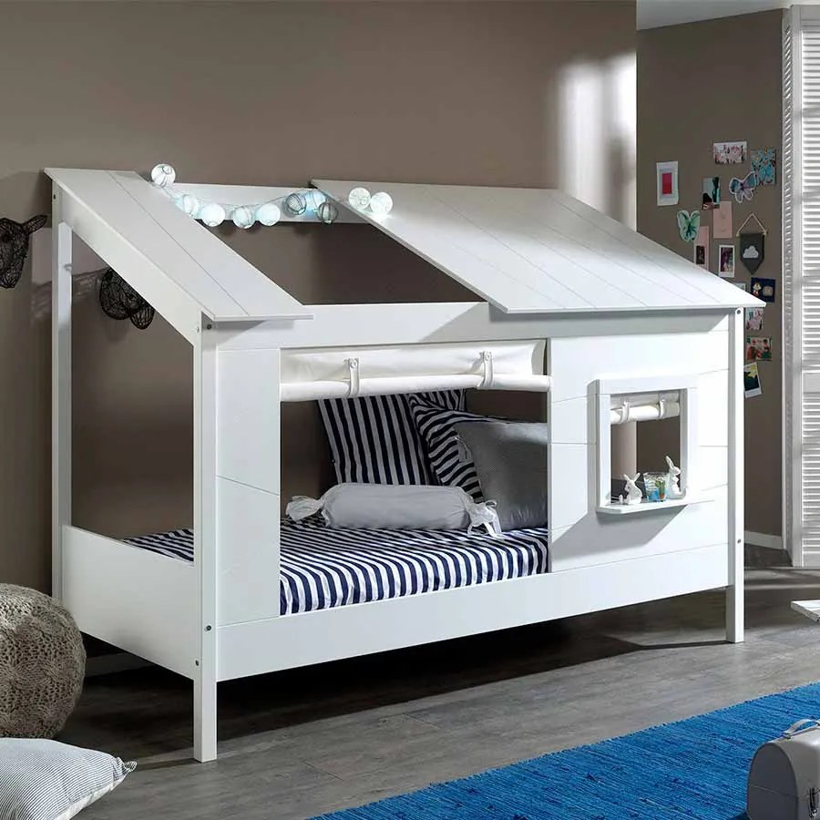 Cama para Crianças Casa HOUSEBED 26 TELHADO + CORTINADOS BRANCA