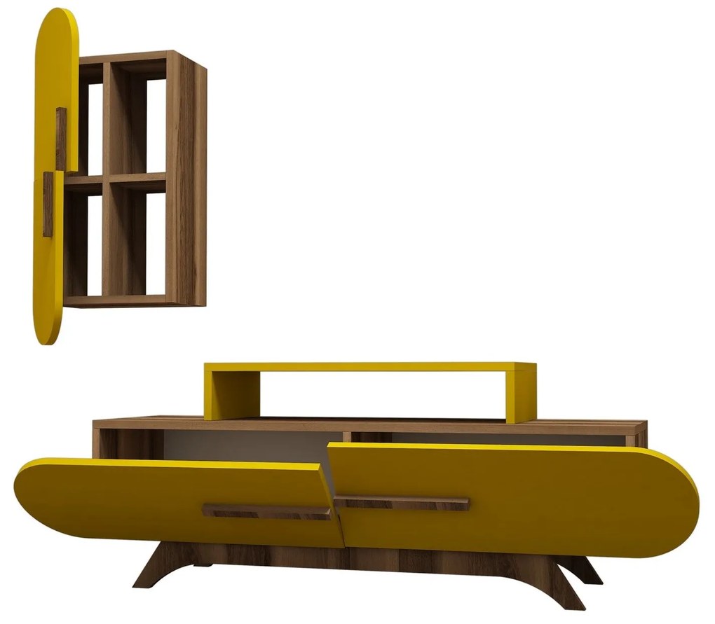 Móvel TV Rose S – Nogueira e Amarelo – 145x49,8x36,8 cm