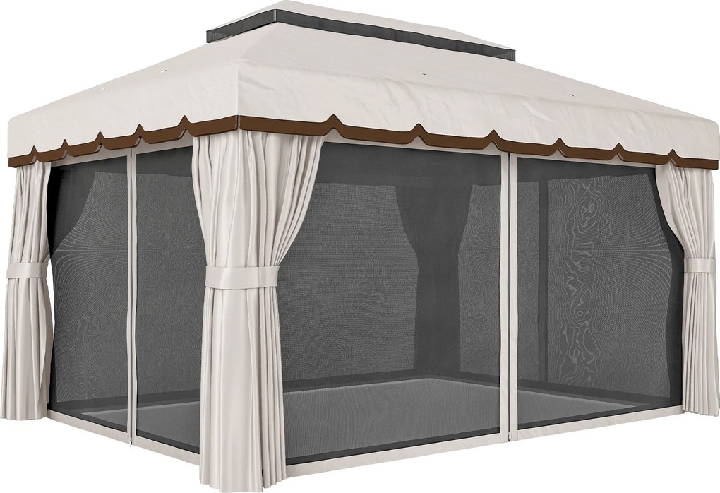 Pérgola de Jardim 390x290x270 cm com 4 Cortinas Laterais 4 Telas Mosquiteiras e 8 Orifícios de Drenagem Creme