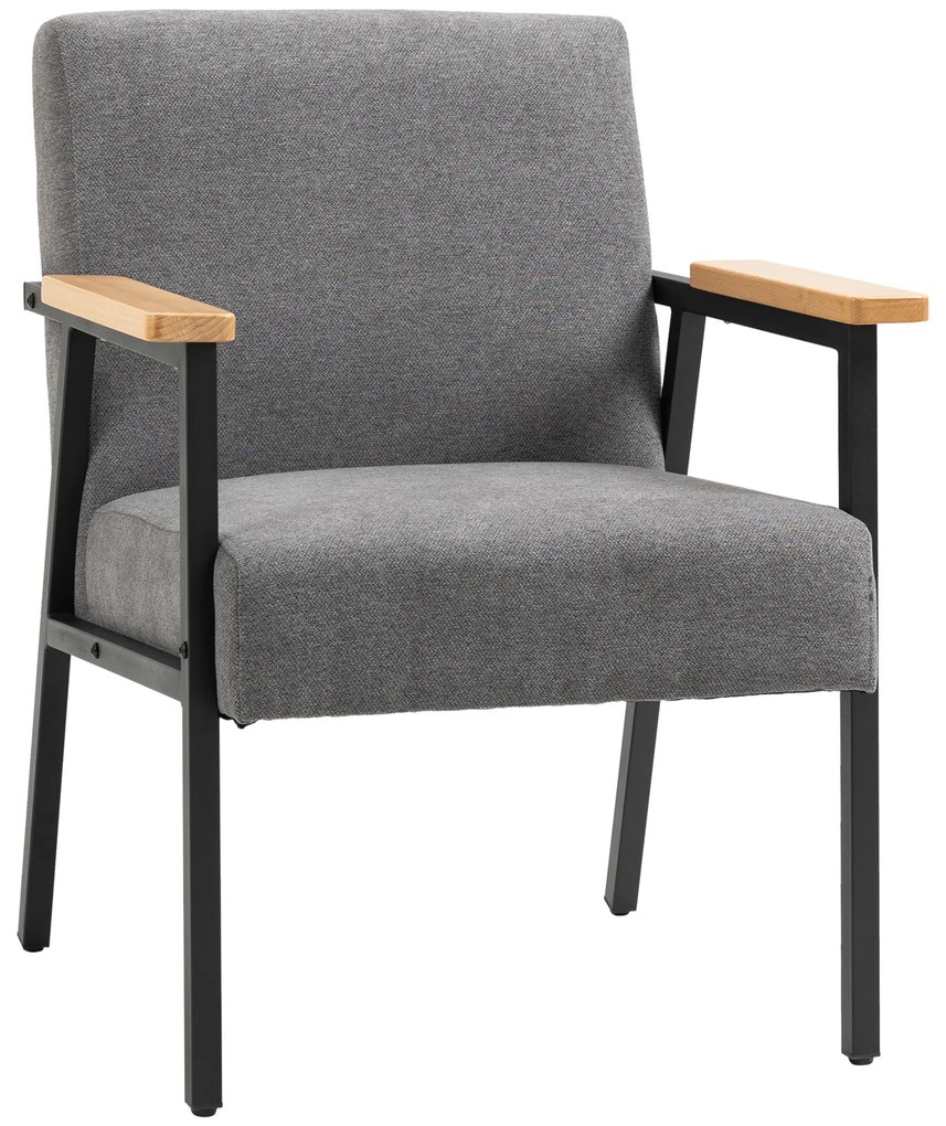 HOMCOM Poltrona Moderna Estofada em Poliéster com Apoio para os Braços de Madeira e Pés de Aço 64x5x70x83,5 cm Cinza