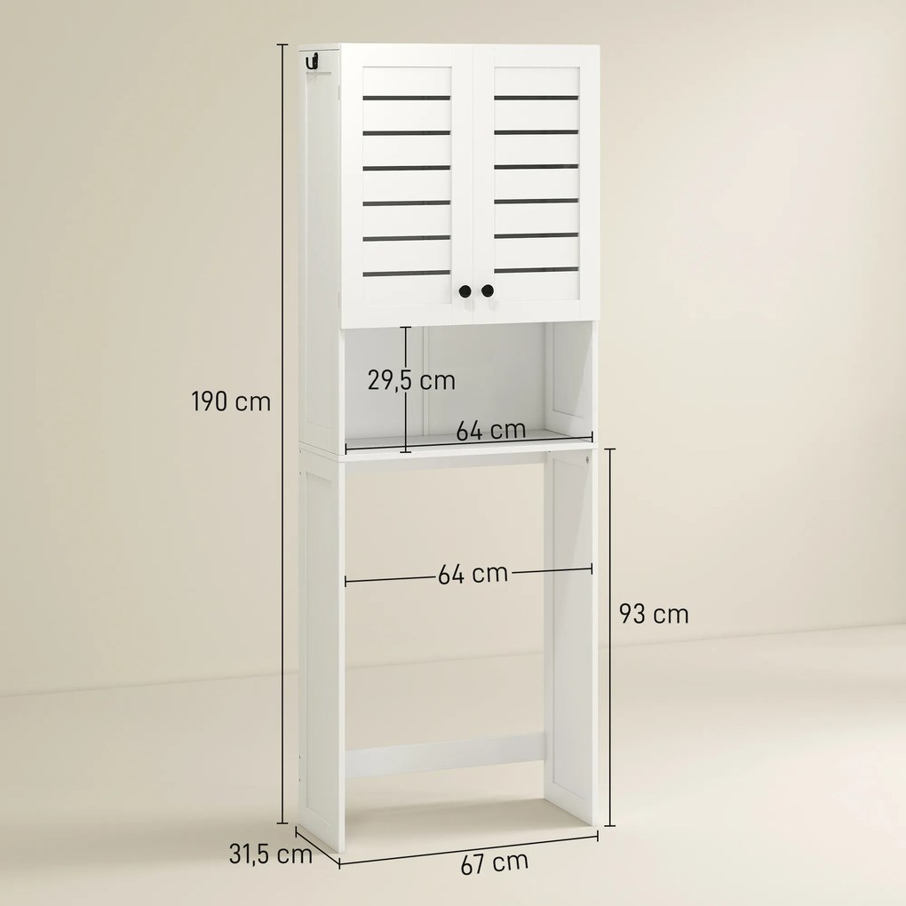Móvel de casa de banho 67 x 31,5 x 190 cm para lavatório/máquina de lavar roupa com armário de portas duplas, portas com persianas, branco