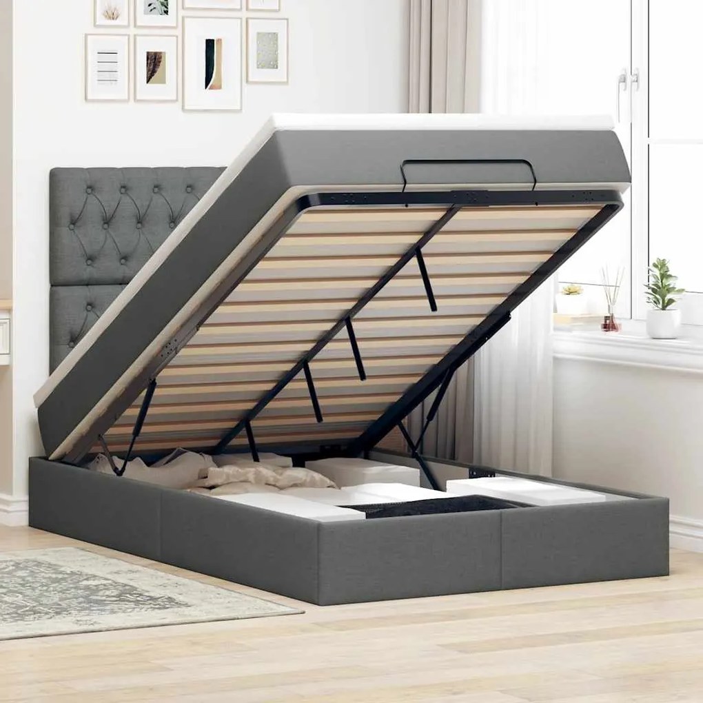 Estrutura cama otomana colchão 120x200cm tecido cinzento escuro