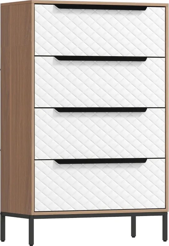 Cómoda com 4 Gavetas de Tecido Frentes com Padrão de Diamante Móvel de Arrumação 59,5,5x30x92,5 cm Madeira e Branco