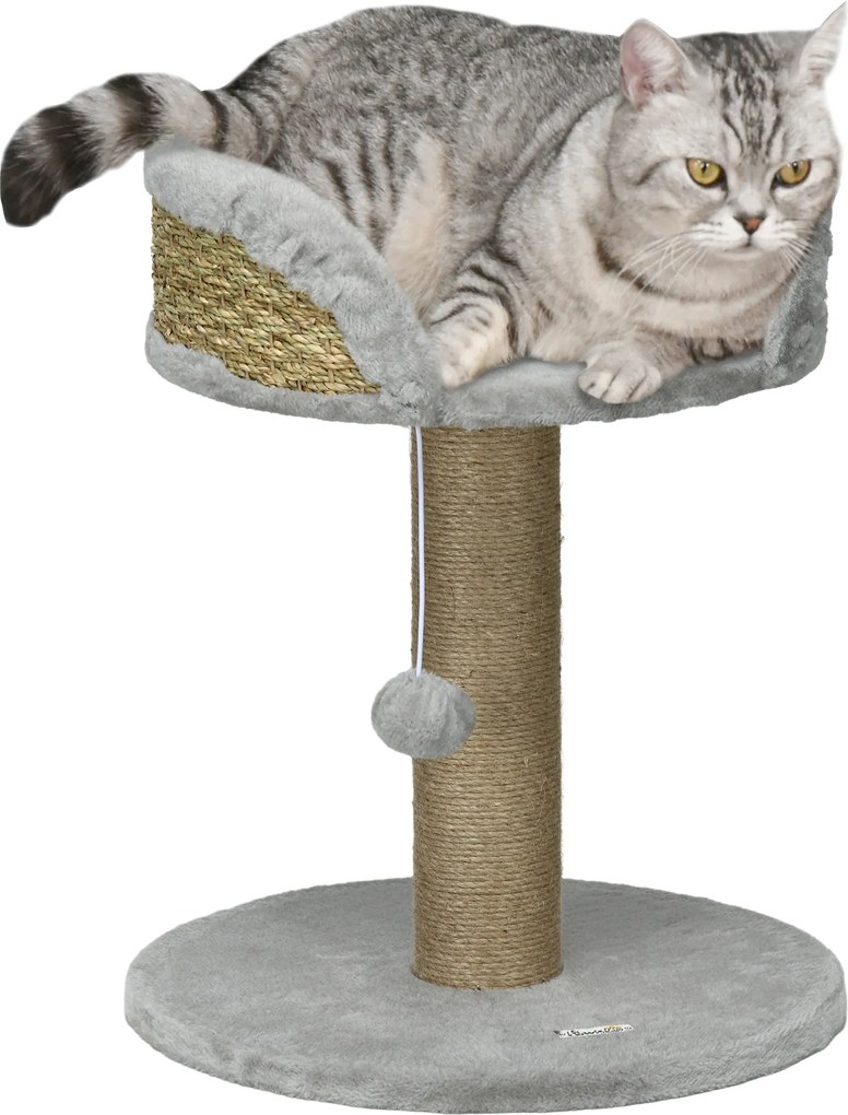 Arranhador para gatos 40 x 40 x 49 cm para trepar brinquedo com pompom suspenso + plataforma de pelúcia, juta cinzenta