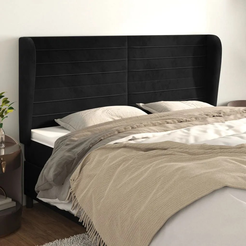 Cabeceira de cama c/ abas veludo 163x23x118/128 cm preto
