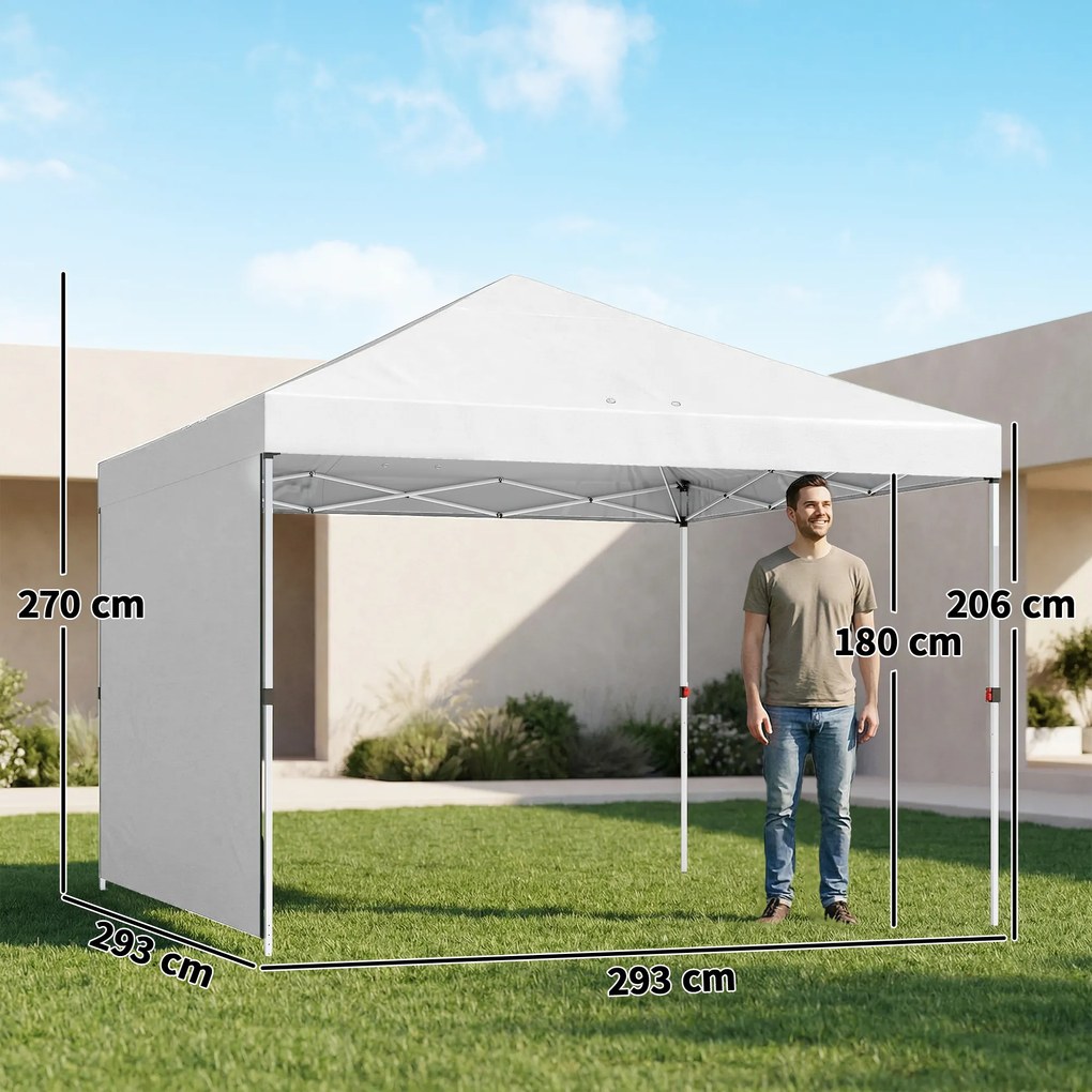 Tenda Dobrável 3x3 m Pop-up com Parede Lateral Proteção UPF50+ Empurre Central Altura Ajustável Branco