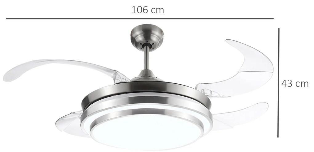 HOMCOM Ventoinha de Teto 51W com Luz LED 30W Ajustável 3000/4000/6000K Controle Remoto 3 Velocidades Temporizador 4 Lâminas para Dormitório Sala de Estar Ø106x43 cm Prata