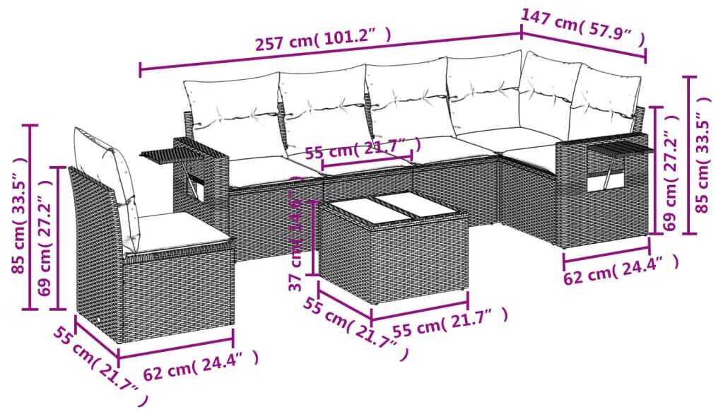7 pcs conjunto de sofás p/ jardim com almofadões vime PE bege