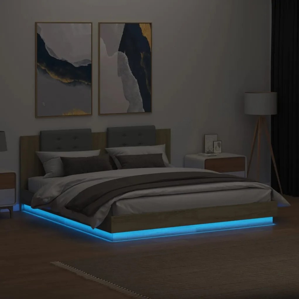 Estrutura cama c/ cabeceira/luzes LED 160x200cm carvalho sonoma