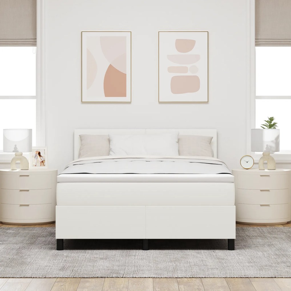 Cama Box Spring com Colchão Creme 140x200 cm Tecido de Veludo Cotelê