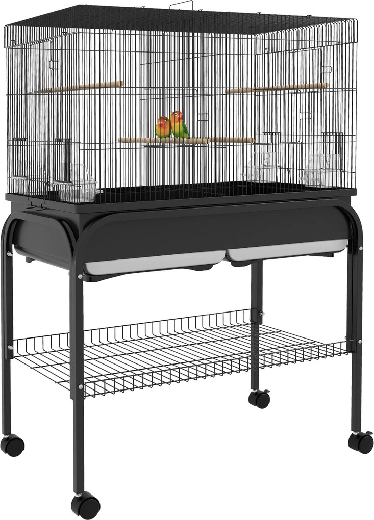Gaiola grande para pássaros com rodas, ideal para cacatuas, periquitos, canários e papagaios – 85 x 49 x 119 cm, preta