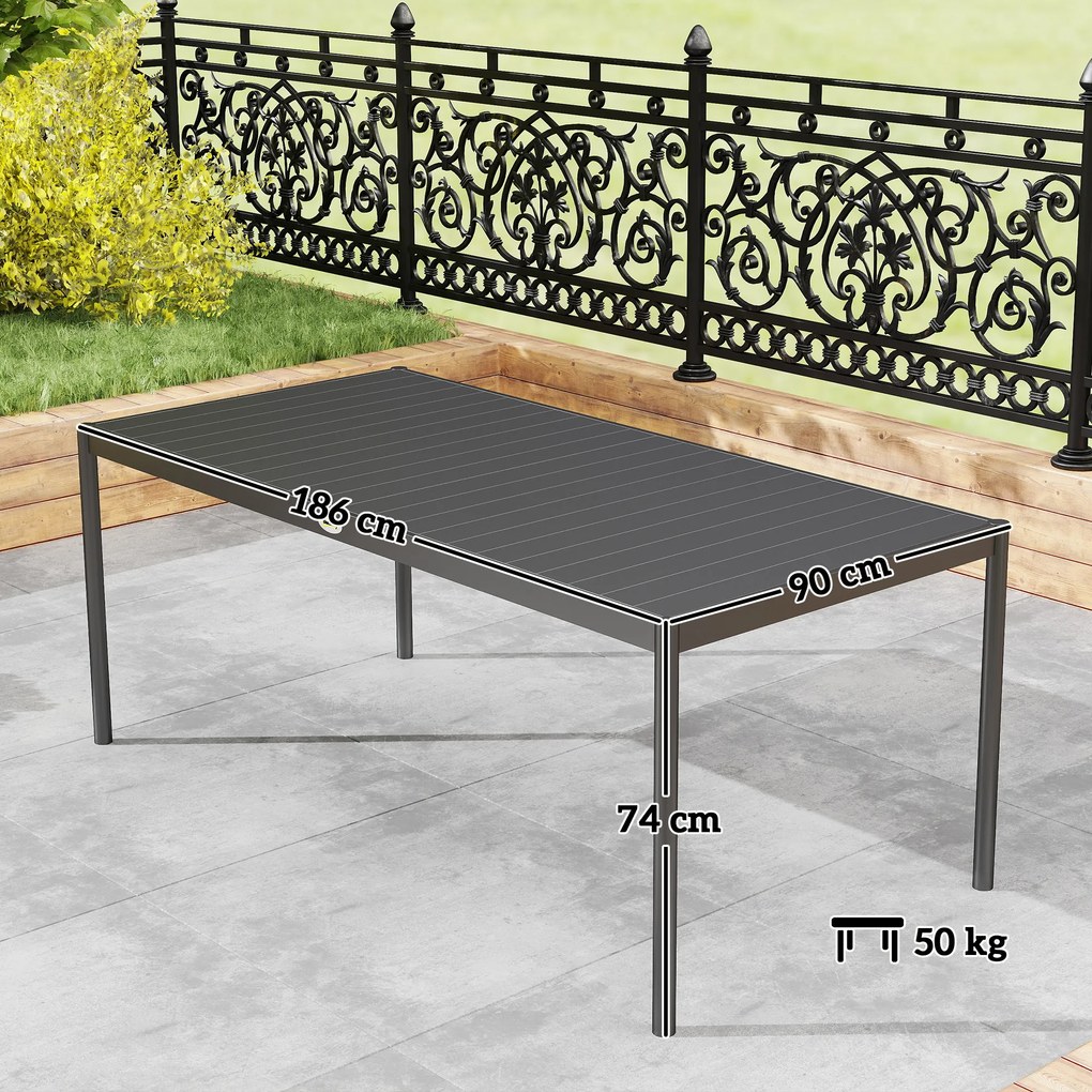 Mesa de jantar de jardim em aço 186 x 90 x 74 cm (CADEIRAS NÃO INCLUIDAS), mesa de jardim para 8 pessoas com tampo retangular em ripas, cinzento escur