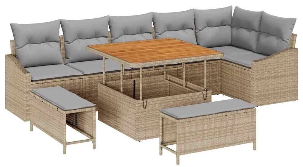 Conjunto de Sofá de Jardim vidaXL 9 Peças com Almofadas Bege Rattan Ac