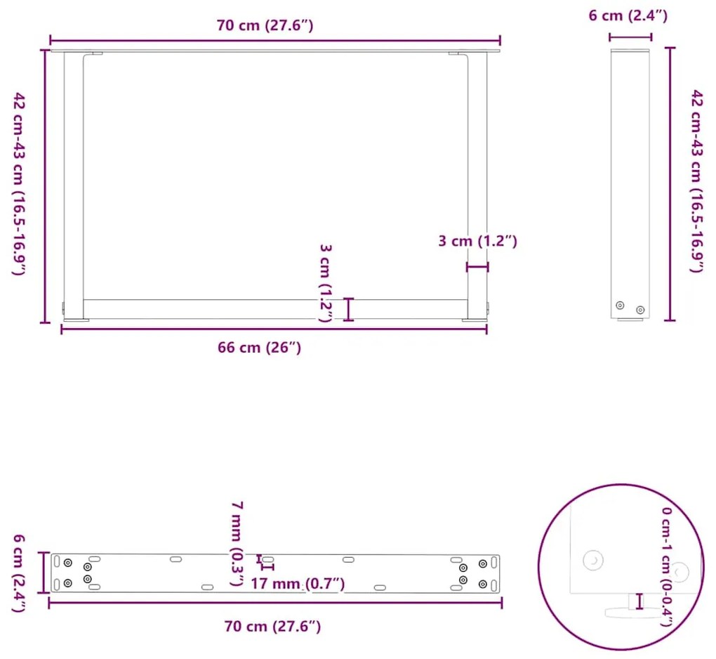 Pés para mesa de centro em formato de U, 2 peças, preto, 70x (42-43) c