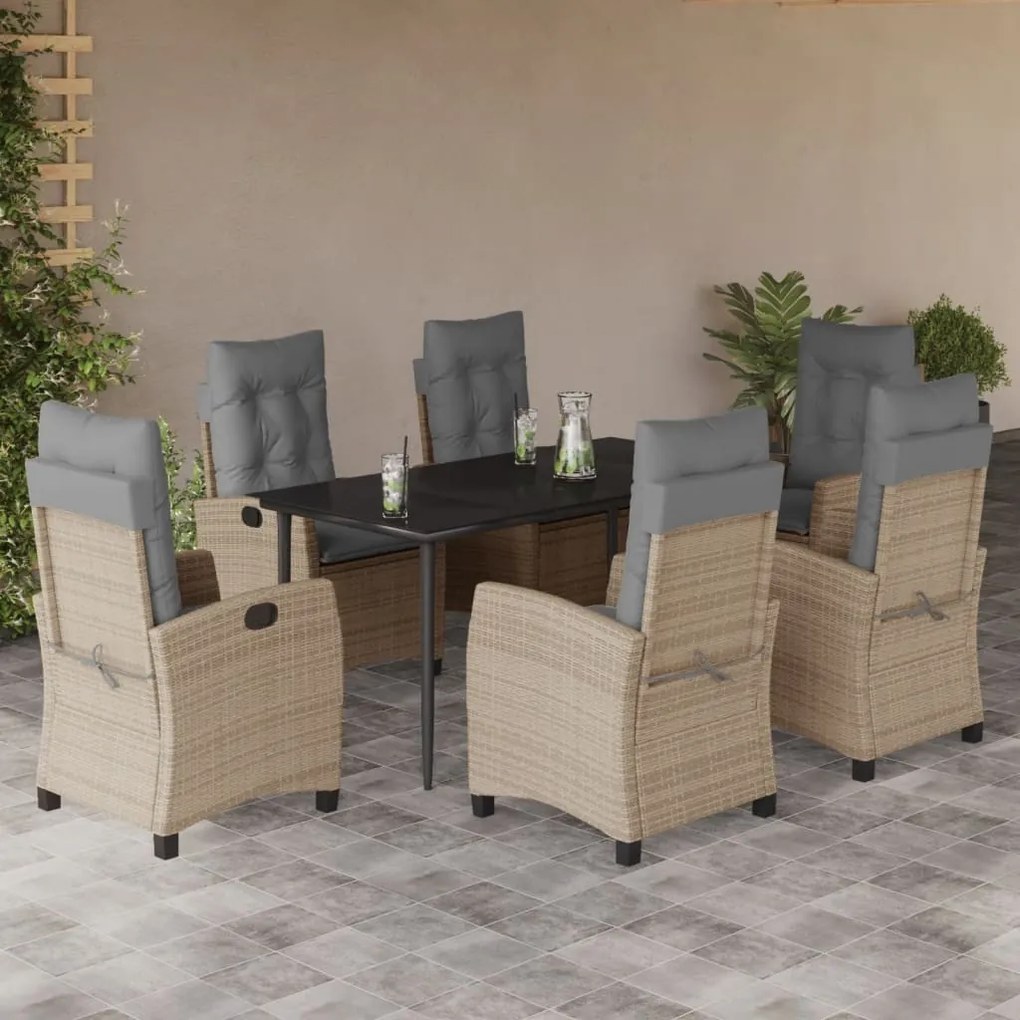 vidaXL 7 pcs conj. jantar jardim c/ almofadões vime PE bege misturado