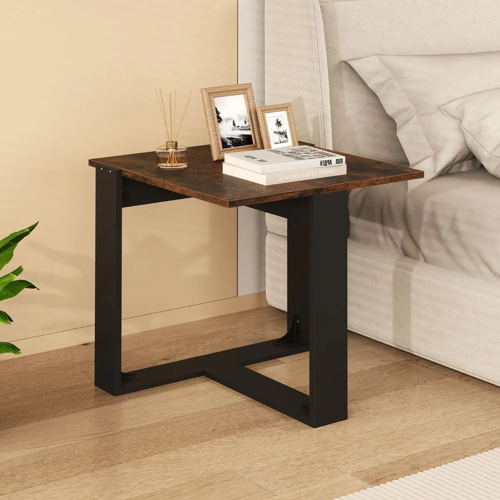 Mesa cabeçeira, Mesa apoio 50 x 50 x 50 cm com base em metal em forma de T para espaços pequenos para sala de estar ou quarto Castanho e preto