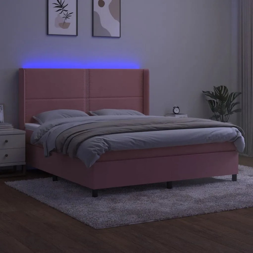 Cama box spring c/ colchão/LED 160x200 cm veludo rosa