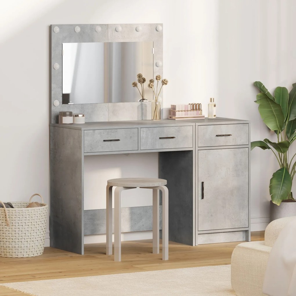 Conjunto de Mesa de Maquilhagem de 2 Peças Cinza Concreto com LED em M