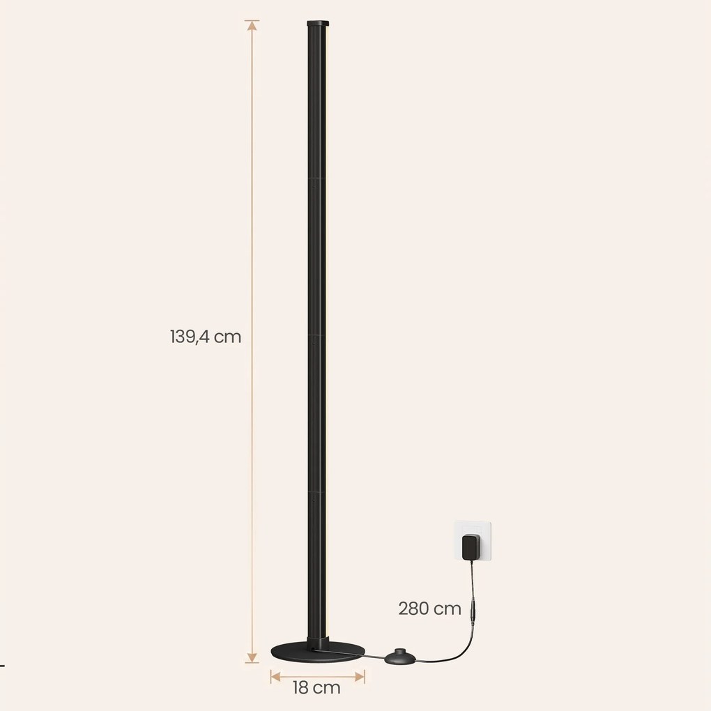 Candeeiro de pé LED com regulador de intensidade e luz branca quente, 3000 K, 18 x 18 x 139,4 cm, preto