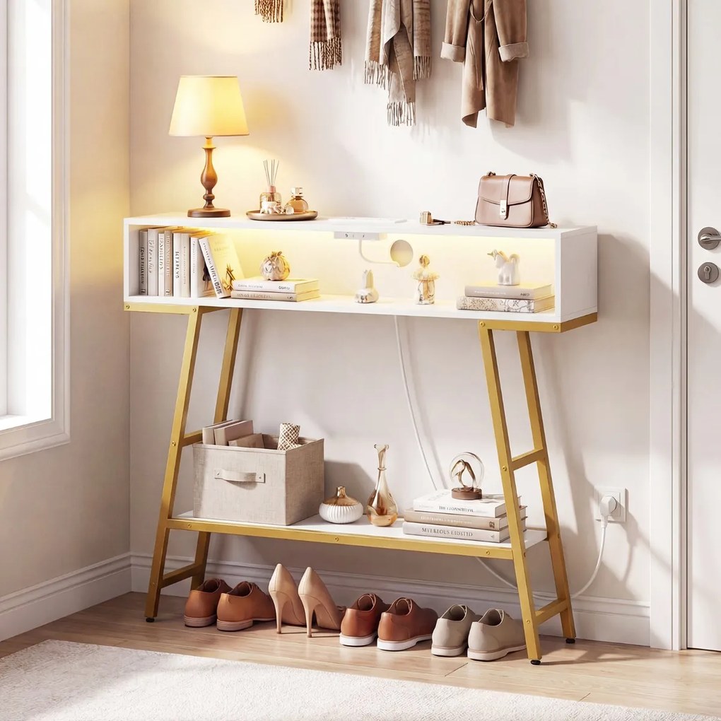 Mesa consola com luz LED e base de carregamento 100 x 20 x 86,5 cm, 3 níveis, com compartimento e prateleira, para corredor, entrada ou sala de estar,