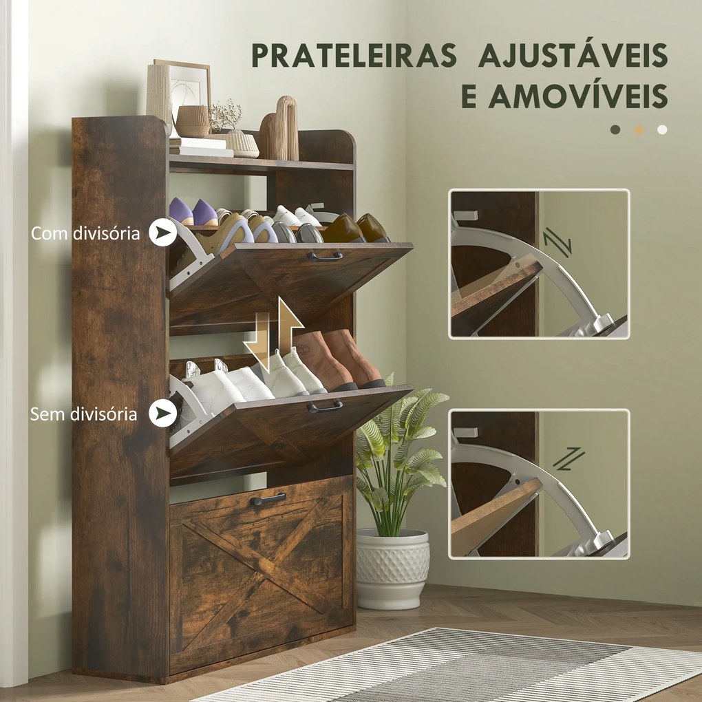 Sapateira de 3 Portas com Prateleiras Ajustáveis Estilo Industrial para 24 Pares de Sapatos 80x24x118 cm Castanho Rústico