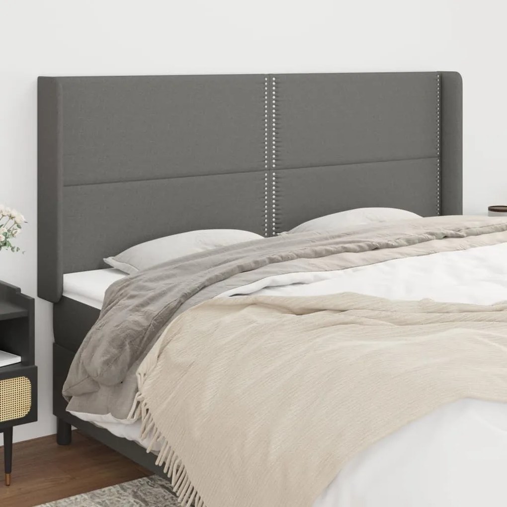 vidaXL Cabeceira cama c/ abas tecido 203x16x118/128 cm cinzento-escuro