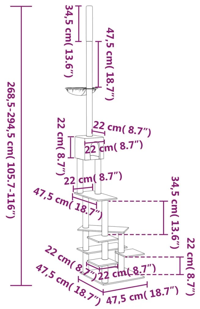 Árvore p/ gatos altura ajustável chão-teto 268,5-294,5 cm creme